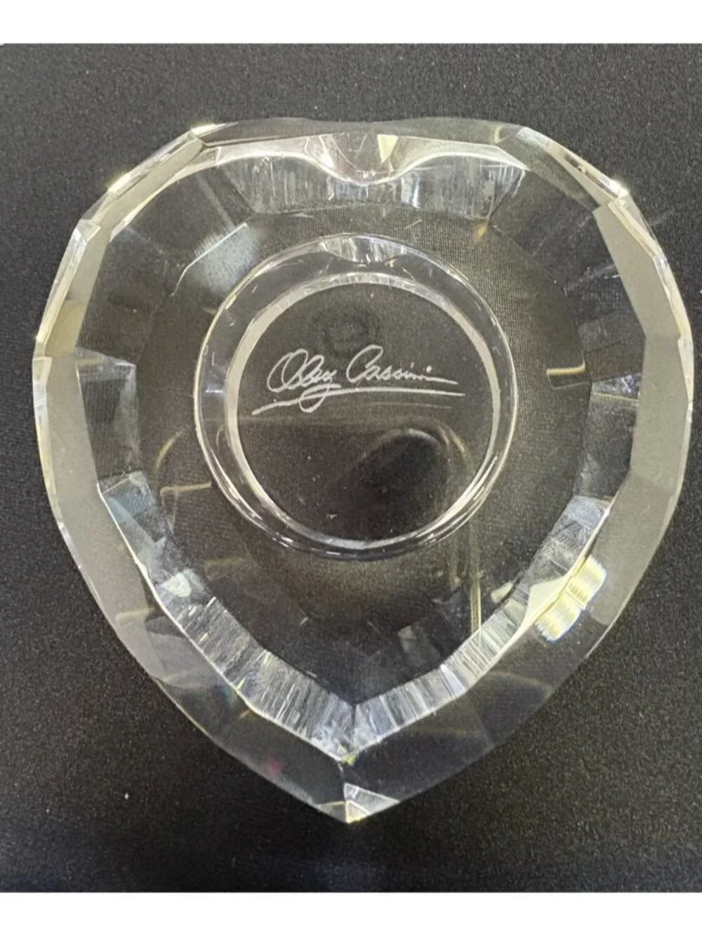 Oleg Cassini Crystal Votive Candle Holder, Heart Shaped, Clear Glass, Signed